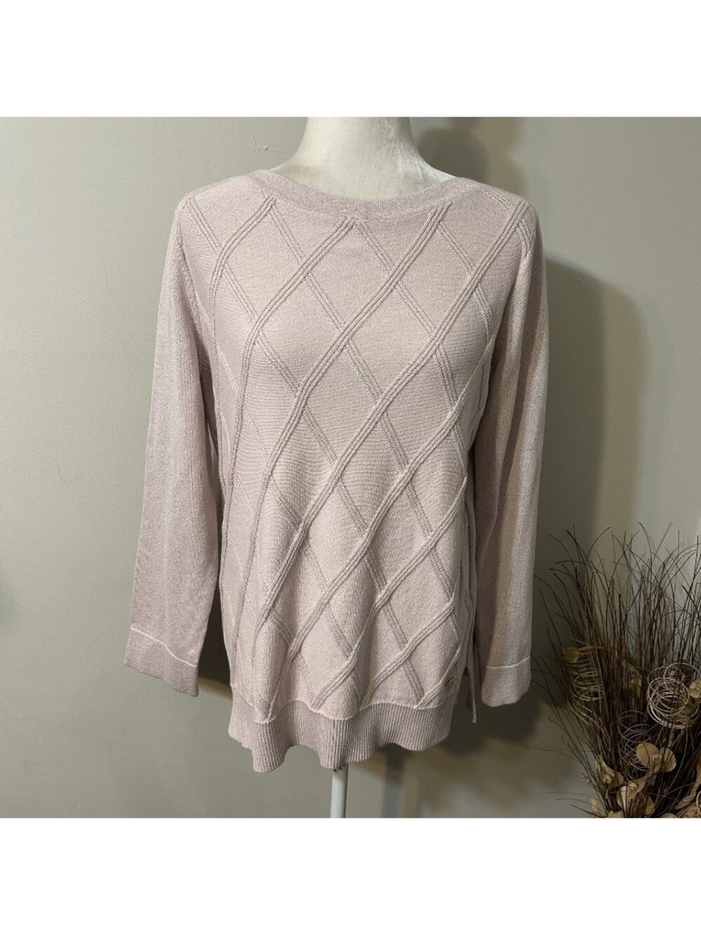 Tommy Hilfiger Women Pink Sweater Diamond Knit Shape Metallic Cotton Blend Sz S